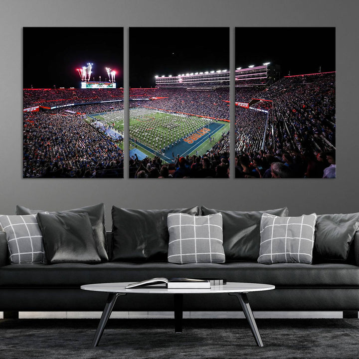 Ben Hill Griffin Stadium Night Game Triple Canvas Wall Art - Florida Gators Football Match