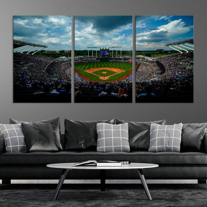 Kauffman Stadium Day Game Triple Canvas Wall Art - Kansas City Royals MLB Match