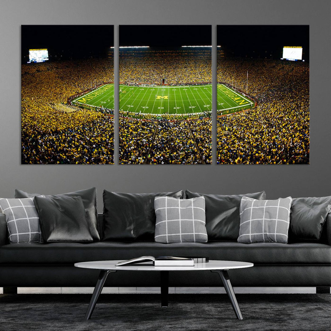 Michigan Wolverines Football Team Print - Michigan Stadium Night Game Triple Canvas Wall Art - University of Michigan Football Match