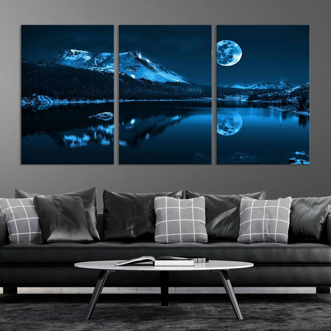 Blue Moon Mountain Lake Landscape Framed Wall Art Canvas Print