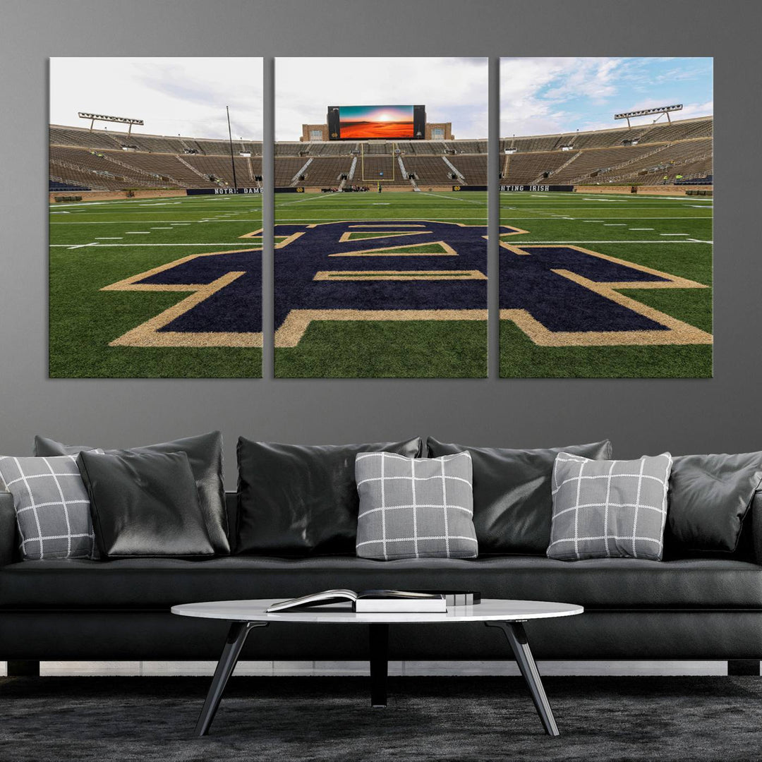 Notre Dame Stadium Giclee Canvas Print | Triptych Wall Art Featuring Iconic Notre Dame Football Field | Ready-to-Hang Sports Stadium Decor