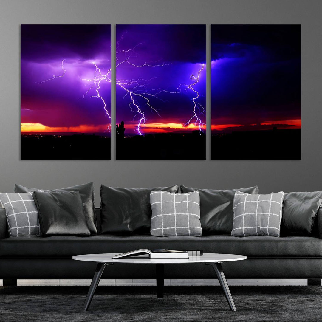 Electrifying Sunset Thunderstorm Canvas Print – Dramatic Lightning and Vibrant Sunset Wall Art