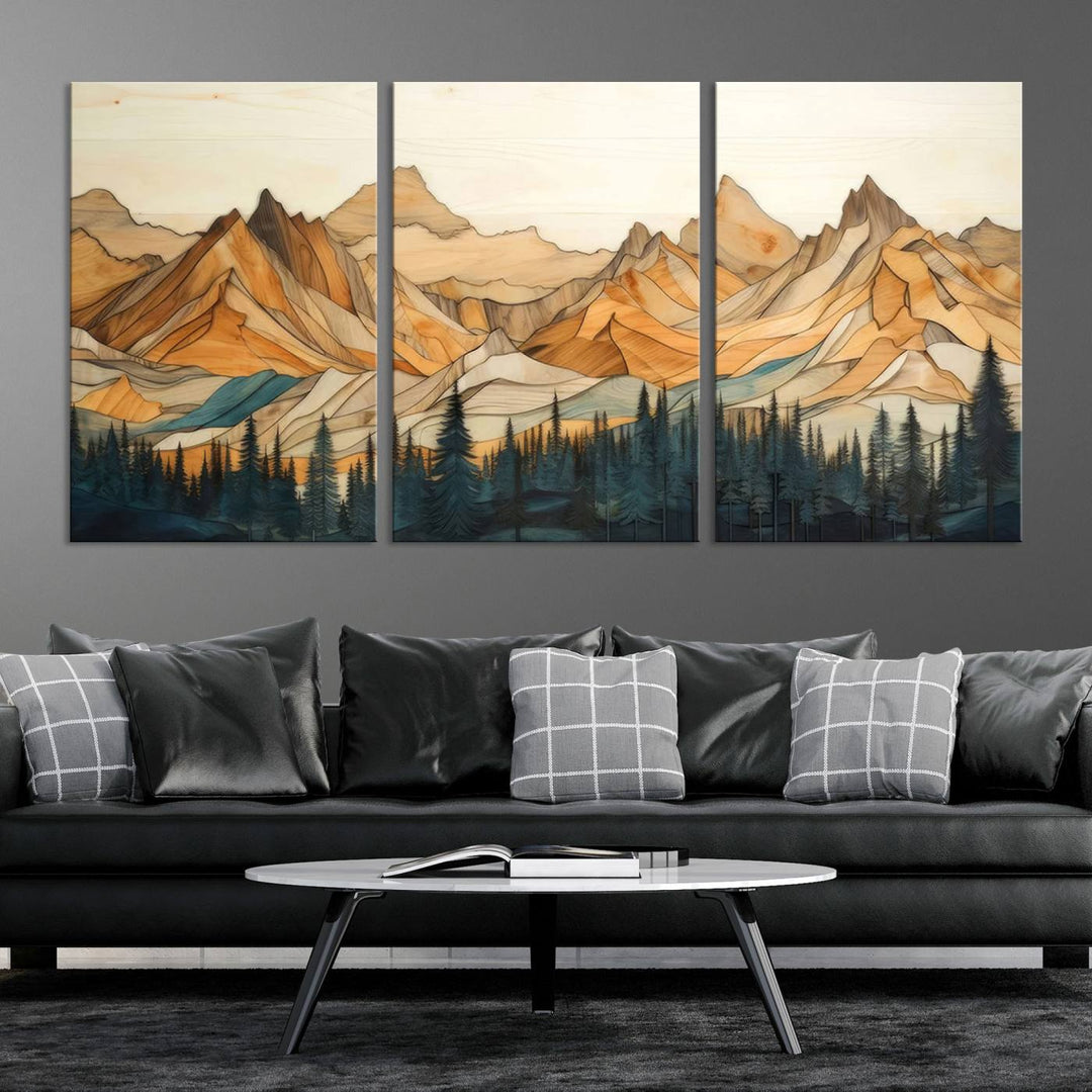 Rustic Wood Style Mountain Wall Art Print | Triptych Giclee Print Featuring Handcrafted Forest and Mountain Range Design | Framed Ready-to-Hang Print