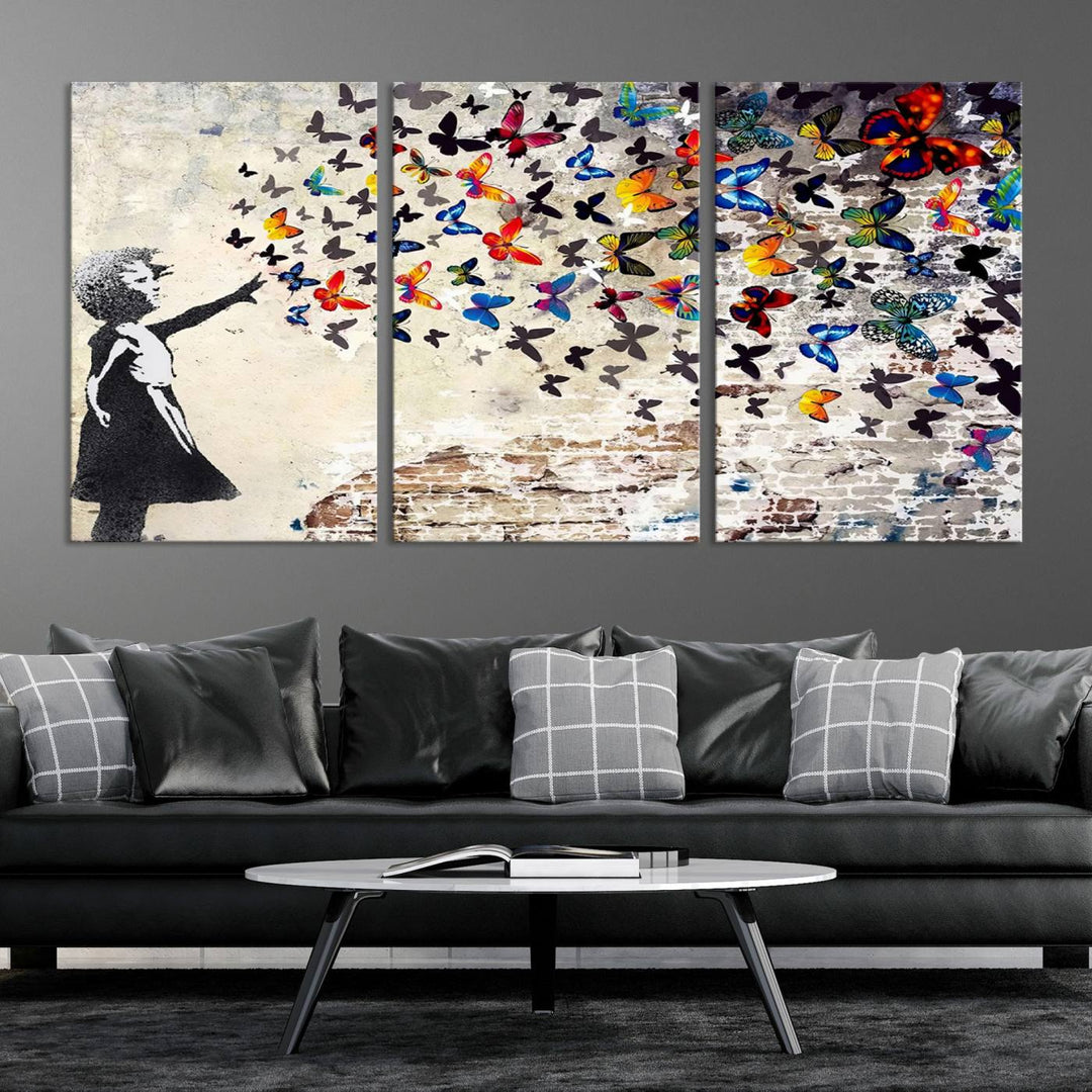 Banksy Style Girl with Butterflies Wall Art - Beautiful Framed Ready-to-Hang Triptych Canvas - Vibrant Butterfly Street Art for Modern Decor