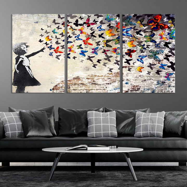 Banksy-Style Graffiti Wall Art Canvas Print: Girl Releasing Vibrant Butterflies – Ready to Hang