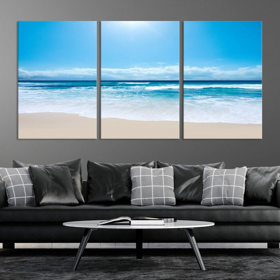 Wall Art Canvas Print Shiny Blue Sea and Beach