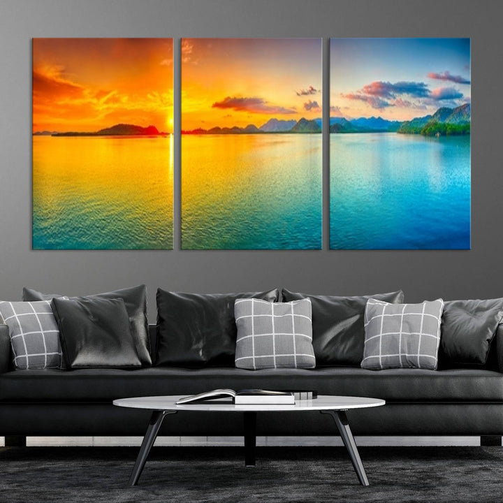 Wall Art Canvas Print Colorful Sunset Sea and Mountain Artwork