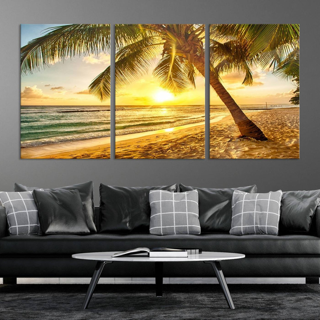 Wall Art Canvas Print Palm on Beach at Bright Sunset