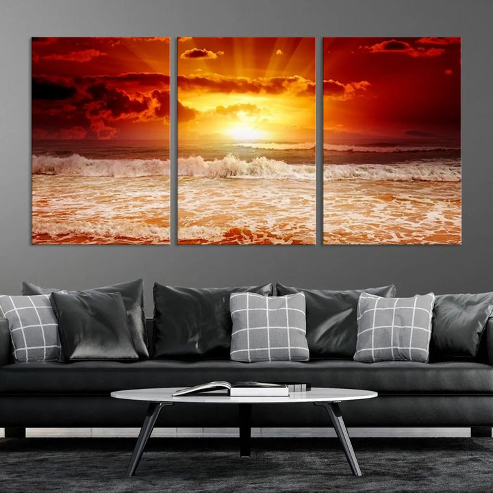 In a modern living room, the vibrant "Wall Art Canvas Perfect Sunset Turns Colour of Sea and Sky to Red," printed on museum-quality canvas, stands out. A floor lamp casts warm light over the ready-to-hang artwork, which includes a UV-protective coating to ensure lasting brilliance.