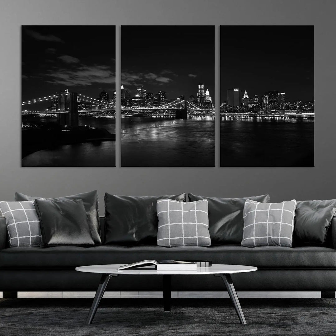 The "NEW YORK Canvas Prints Black and White Brooklyn Bridge Print" is a stunning triptych showcasing the iconic city skyline and bridge. Printed on museum-quality canvas with a UV-protective coating, it is ready to hang and instantly elevates your decor.