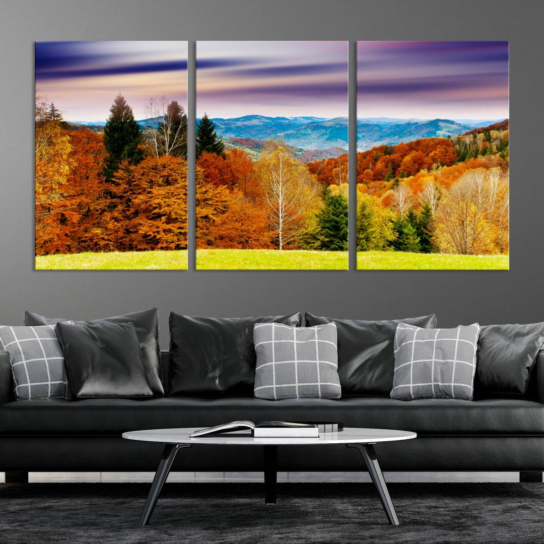 Autumn Colorful Forest Blue Mountains and Purple Sky at Sunset Wall Art Canvas Print