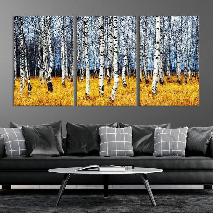 Impression d’art mural de bouleaux, art mural paysage, impression sur toile, arbres sans feuilles sur fond jaune