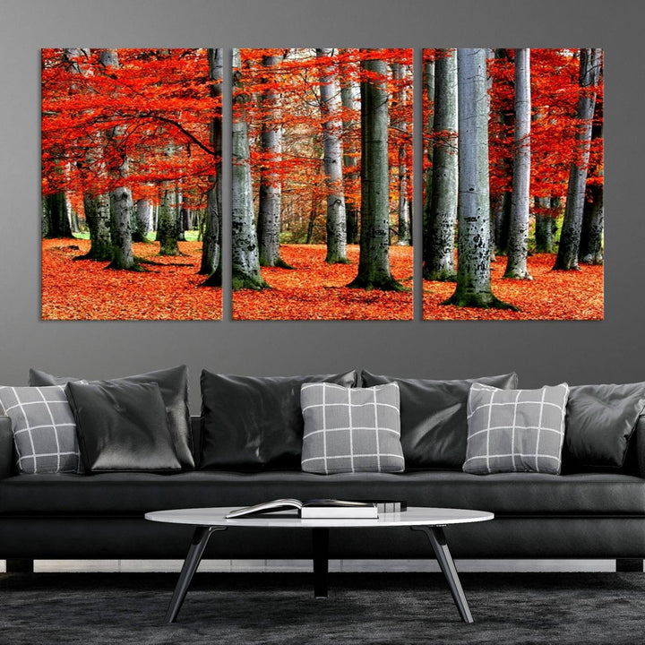 Impression sur toile de paysage d'art mural, feuilles rouges sur des arbres sur fond rouge