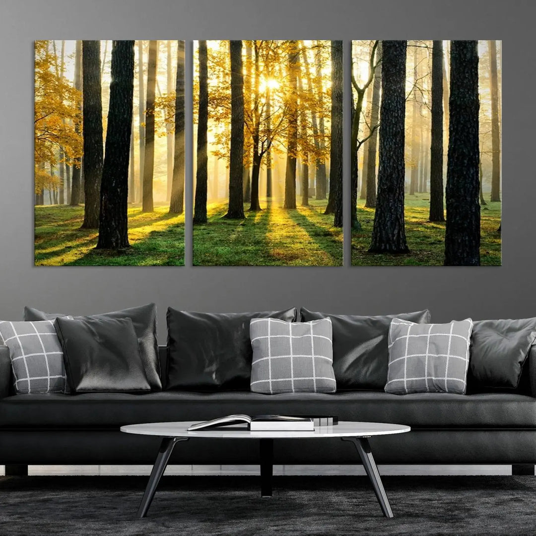 The living room is enhanced by the "Wall Art Landscape Canvas Print Tall Trees in Forest at Sunset" on museum-quality canvas. This triptych, complete with a UV-protective coating, is ready to hang and adds an artistic touch to the space.