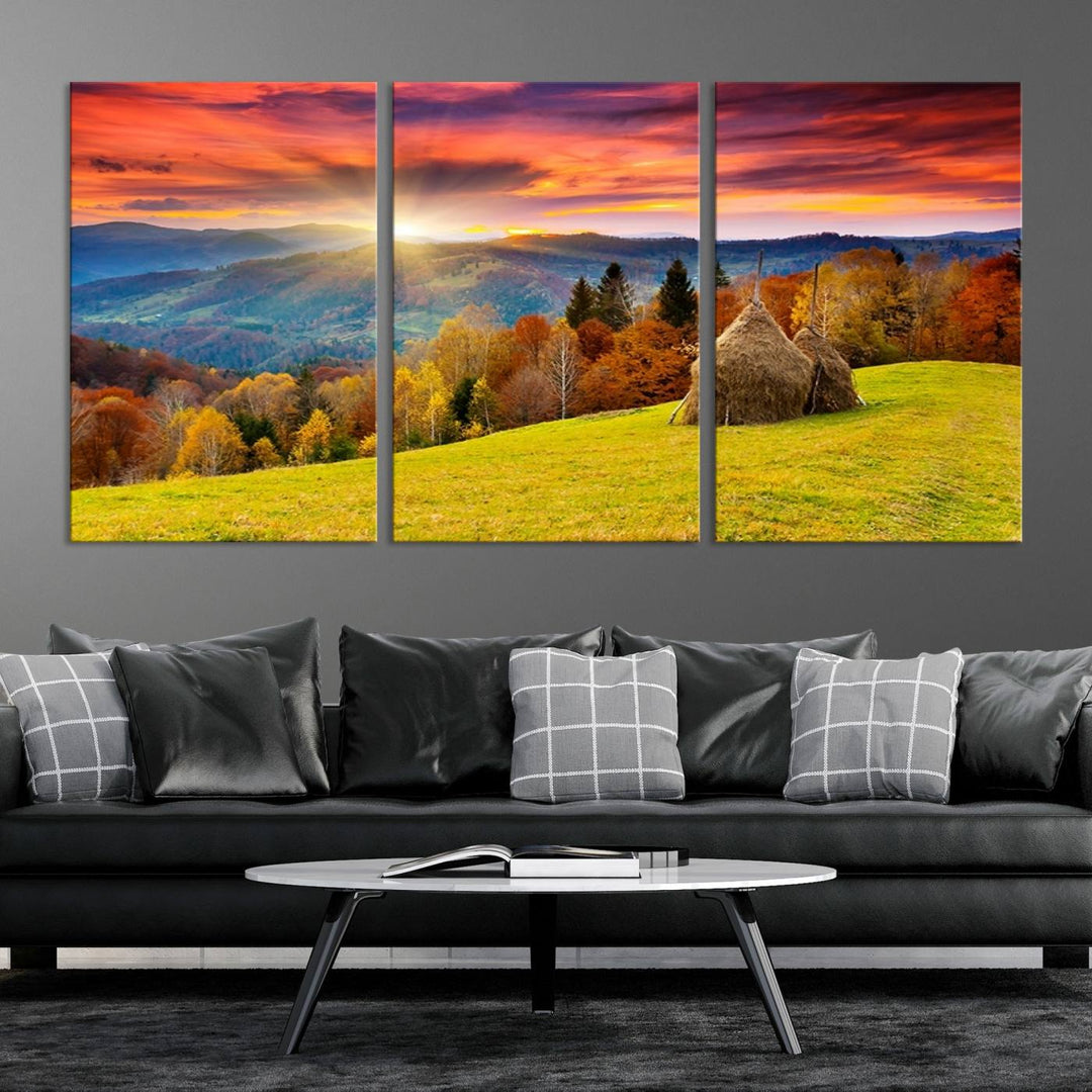 Impression sur toile de paysage d'art mural, tous les tons de vert au coucher du soleil