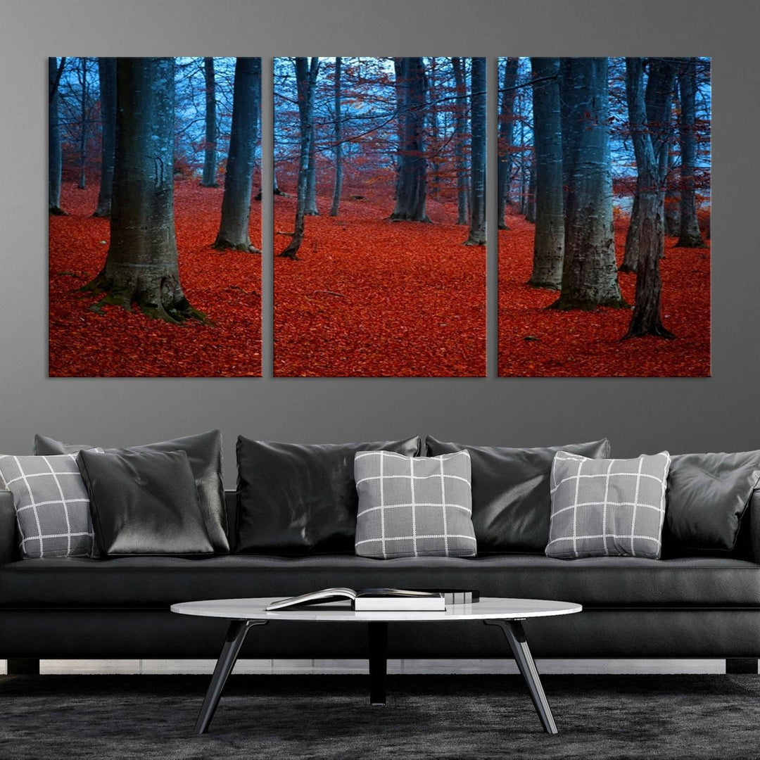 Impression sur toile de paysage d'art mural, feuilles rouges dans la forêt bleue