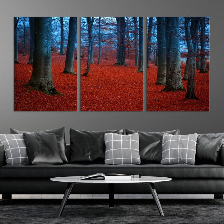 Wall Art Landscape Canvas Print Red Leaves in Blue Forest