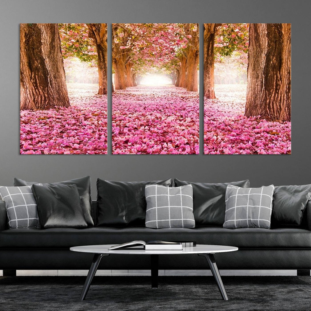 Blossom Cherry Canvas Print Walking on Pink Flowers Between Trees