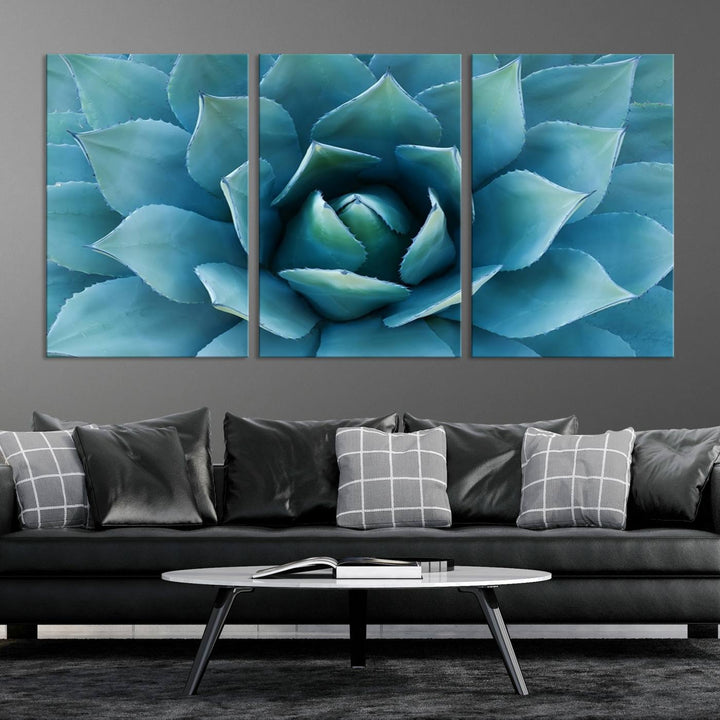 A stunning Large Agave Succulent Canvas Wall Art, a botanical close-up print perfect for modern living rooms, hangs prominently.