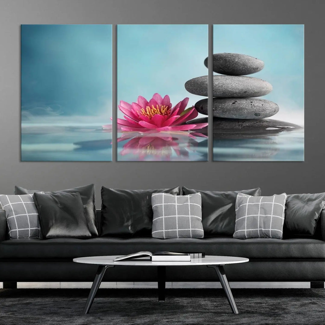 The Zen Serenity Triptych Canvas Art, featuring a lotus flower and balancing stones, perfectly captures tranquility with its serene water lily print.