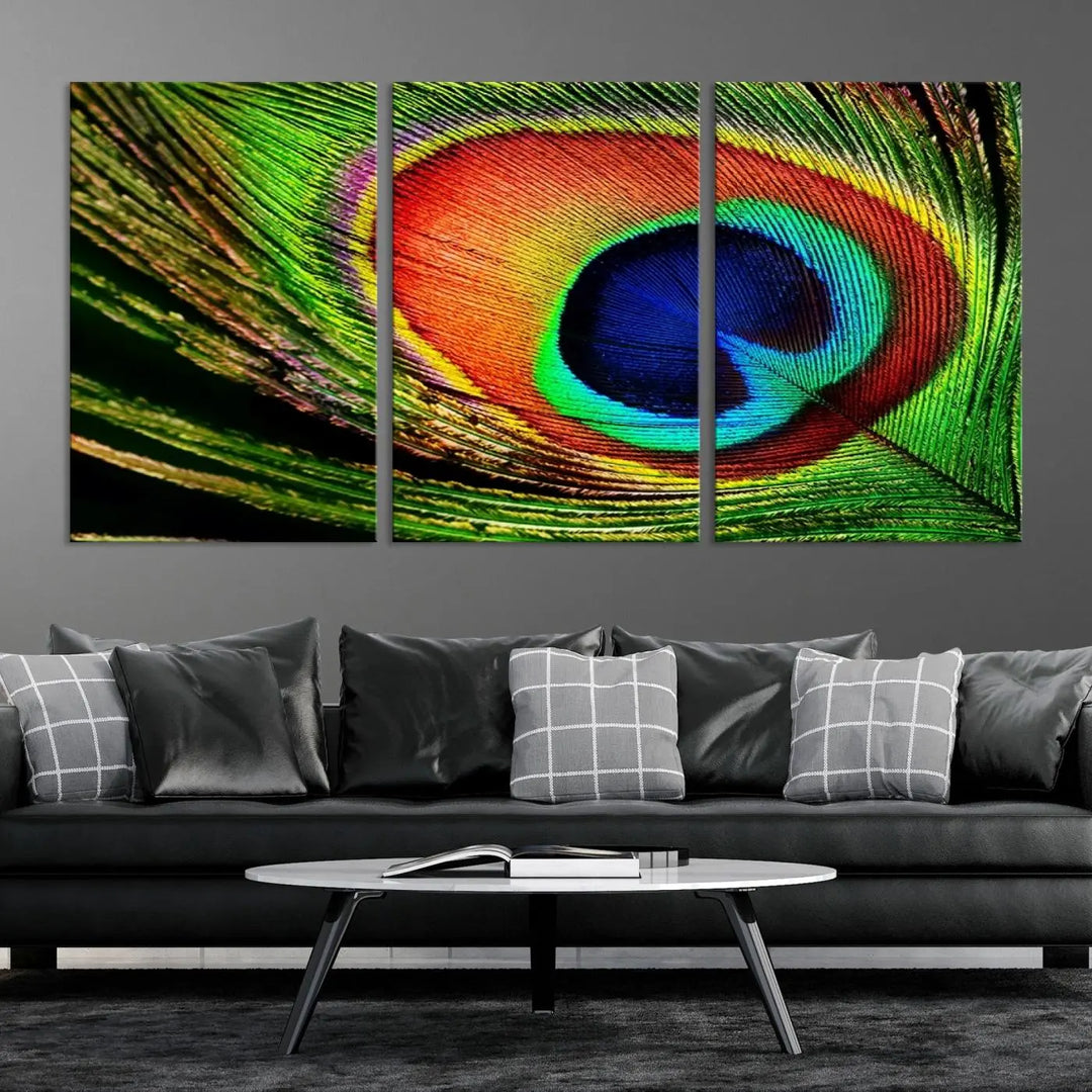 The living room features the "Colorful Peacock Feather Wall Art Print," showcasing a vibrant green, blue, and orange design elegantly displayed above a modern sofa.