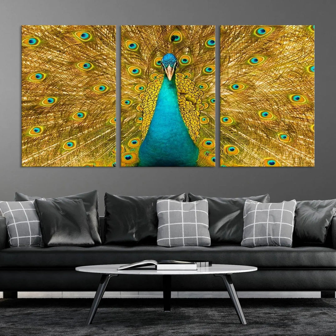 The Peacock Wall Art Canvas Print, featuring a vibrant triptych design of a peacock with intricate feather details and printed on museum-quality canvas with UV-protective coating, brings an artistic flair to the elegant space. Ready to hang, it enhances the modern living room with its striking presence.