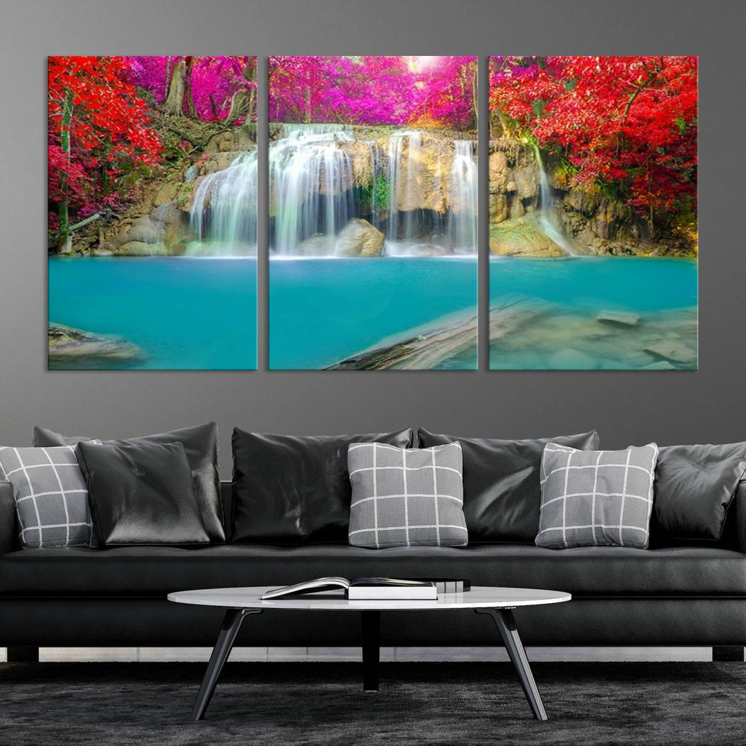 Wall Art Waterfall Landscape with Pink and Red Flowers in Forest Canvas Print