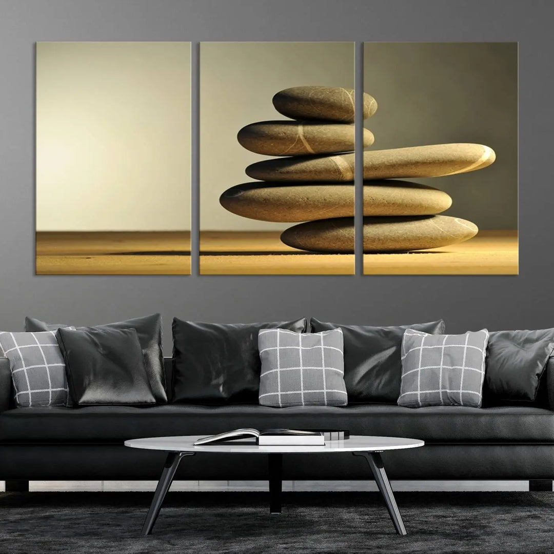 The "Yellow Zen Stones on Yellow Background Wall Art Yoga Zen Artwork," a professionally hand-assembled framed photo with UV-protective coating, is displayed on the wall.