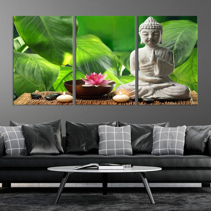 A tranquil room showcases a triptych of green leaves on museum-quality canvases, each piece readily available to hang.