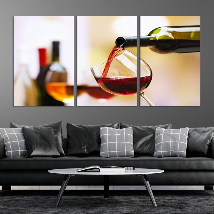 The Filling Red Wine into Glass Red Wine Canvas Print showcases a wine bottle pouring red wine into a glass. This scene, captured on museum-quality canvas, promises timeless elegance and comes with free shipping for effortless delivery to your doorstep.