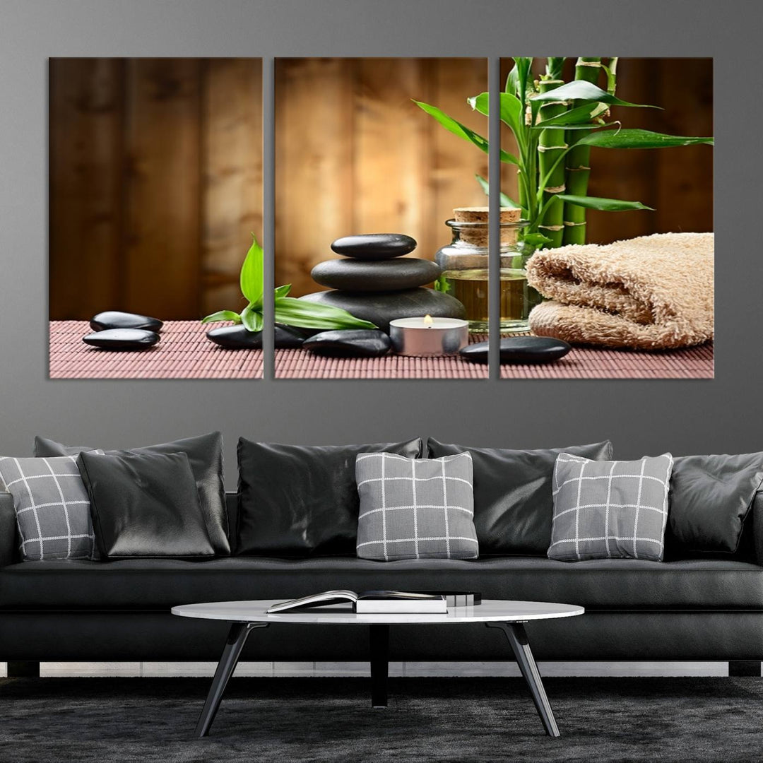 Zen Serenity Triptych Canvas Art, Pink Lotus Flower and Balancing Stones Wall Art, Tranquil Water Lily Canvas Print