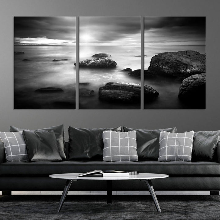 Black and White Rocks on Shore Canvas Print