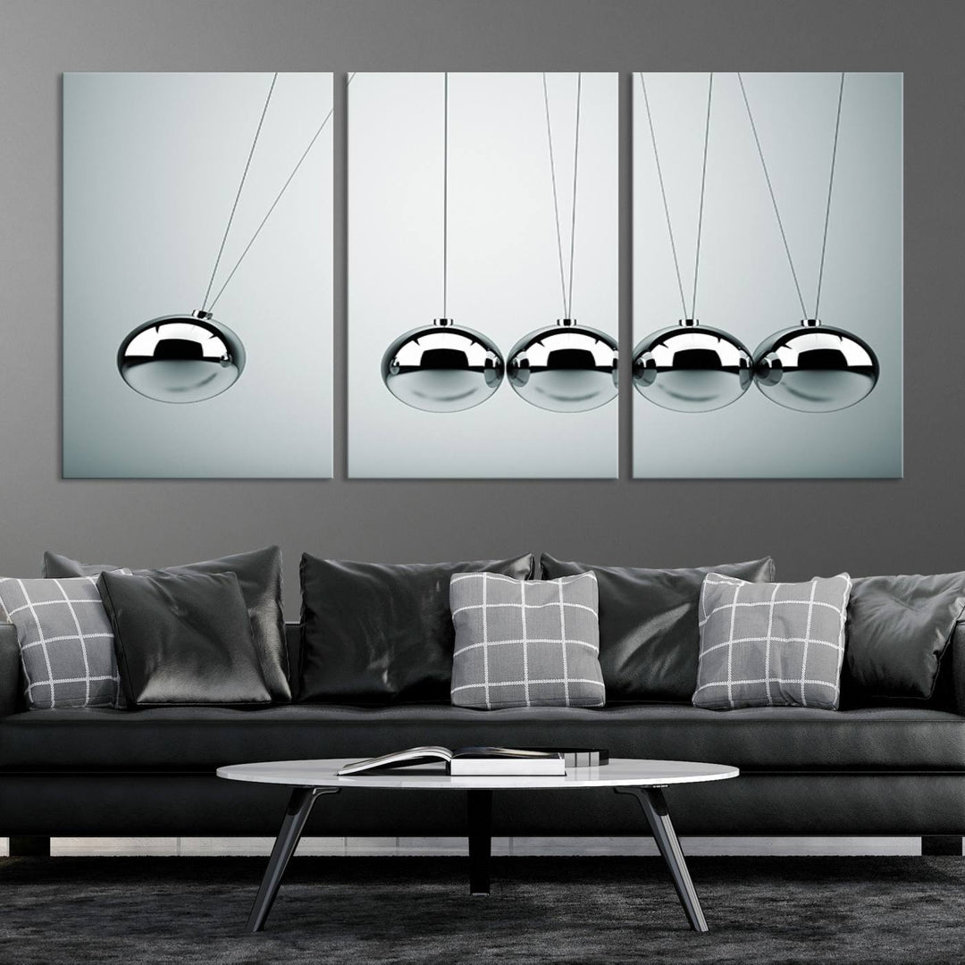 Newton's Cradle Motion Art, Modern Minimalist Metal Sphere Wall Art, Physics-Inspired Kinetic Energy Canvas Print for Office and Home Decor