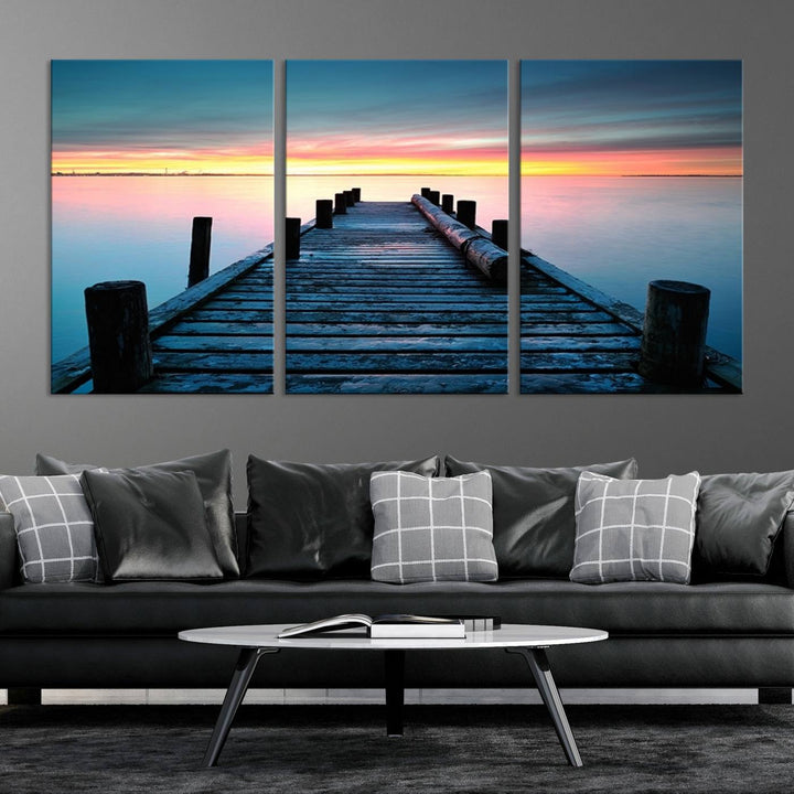 Wall Art Vintage Wooden Pier on Sea at Sunset Canvas Print