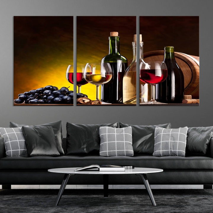 The "Red and White Wine Canvas Print" is a multi-panel design displaying bottles and glasses, adding a professional craftsman's touch to the living room.