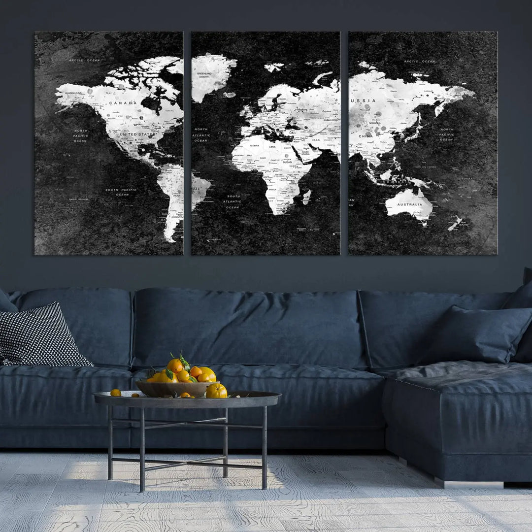 Modern Grayscale World Map 3-Panel Canvas Art | Ready to Hang, Framed | Stylish Minimalist Wall Décor for Home, Office, Living Room, or Study Spaces 