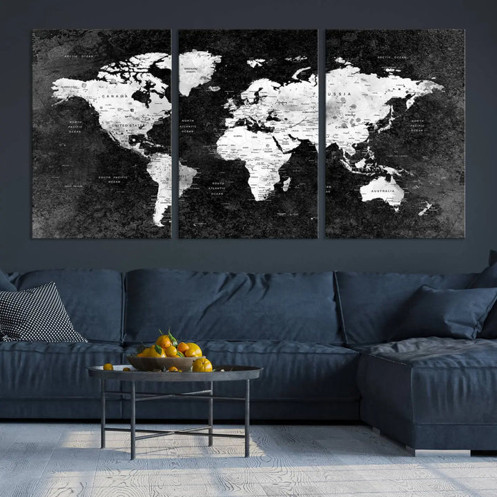 Modern Grayscale World Map 3-Panel Canvas Art | Ready to Hang, Framed | Stylish Minimalist Wall Décor for Home, Office, Living Room, or Study Spaces 