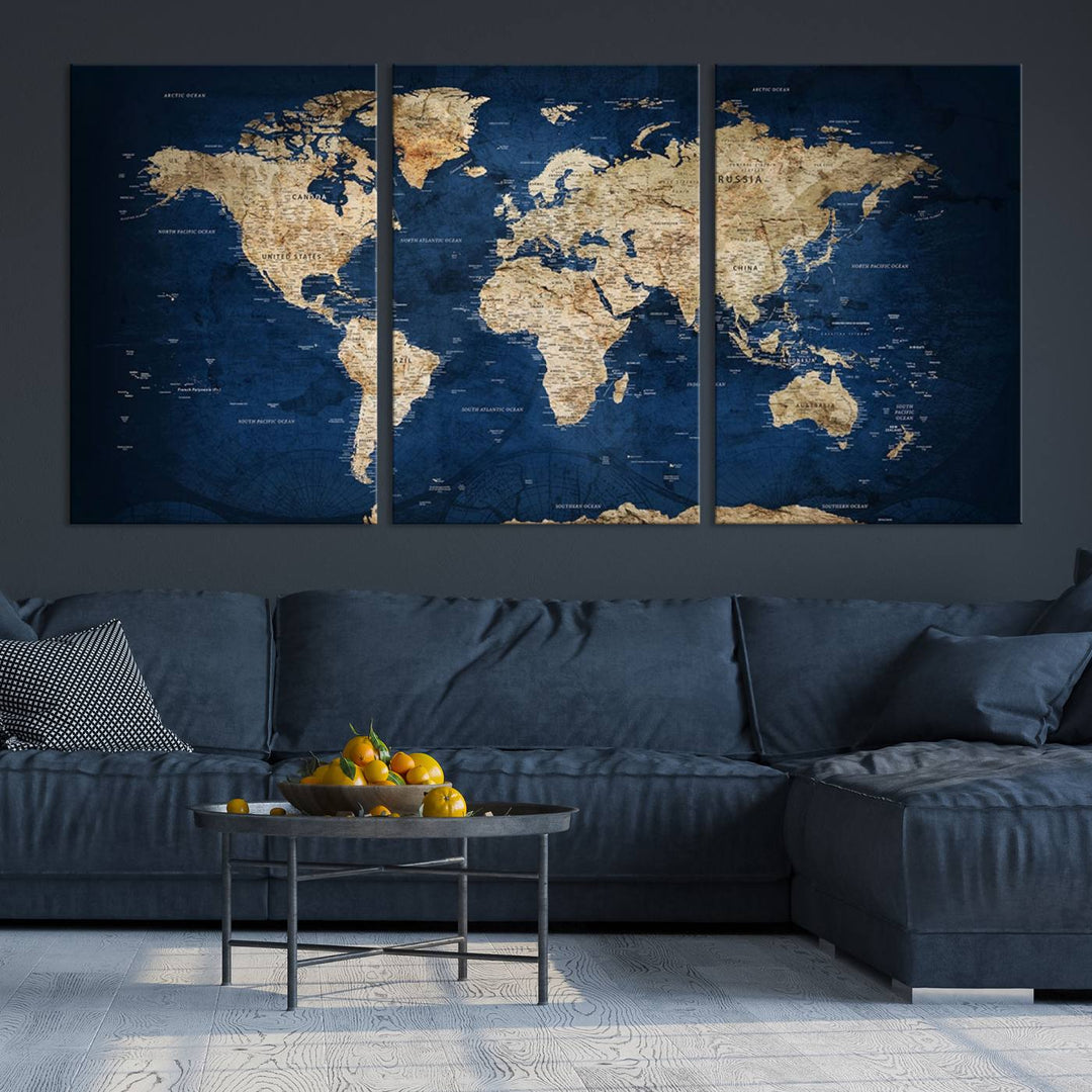 A triptych canvas print titled "Vintage Blue World Map Canvas Print - Classic World Map Design on Deep Blue Wall Art Print" adorns the wall, enhancing the decor with its antique style.