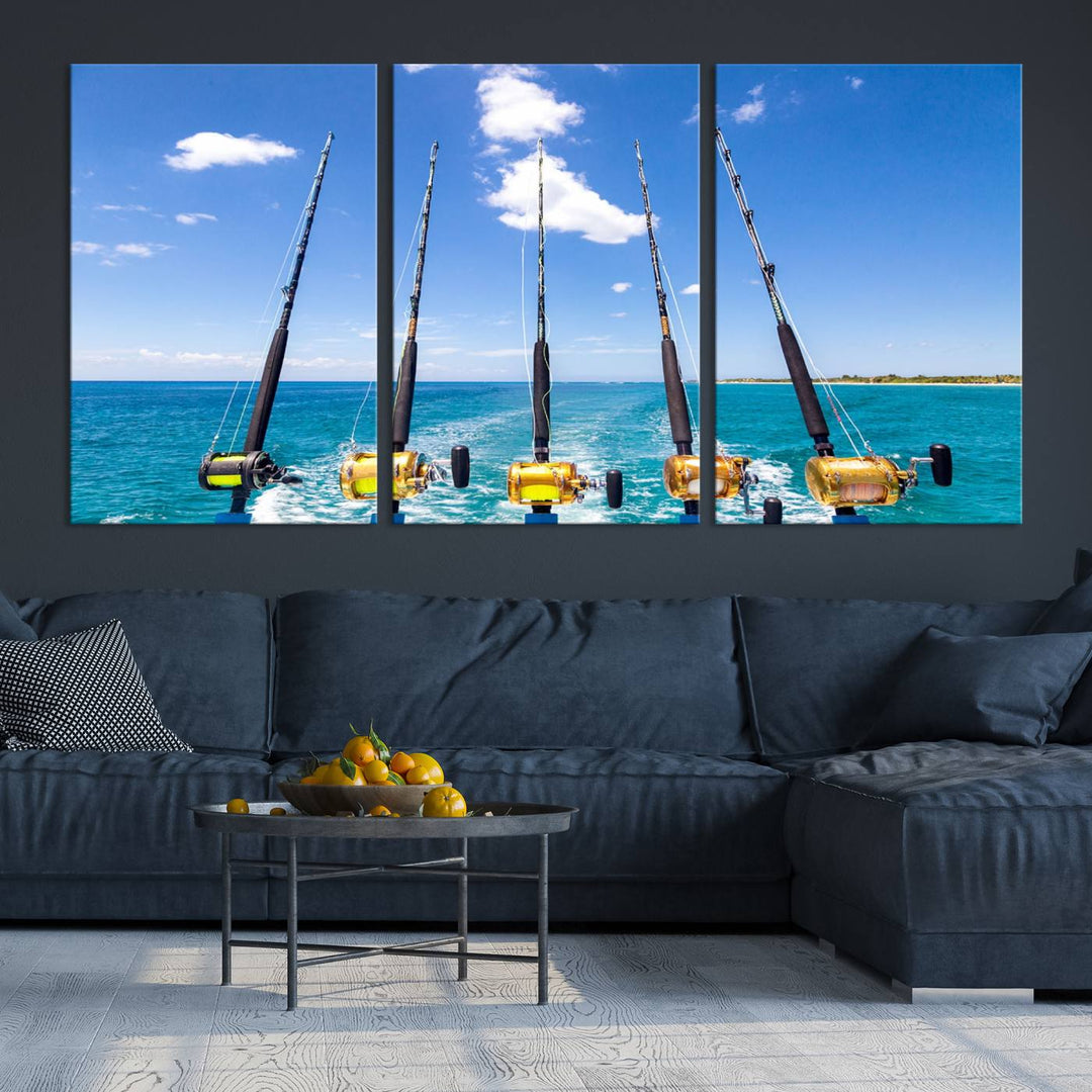 Fishing Roads on Boat Canvas Wall Art Print Ocean Seascape Art Print