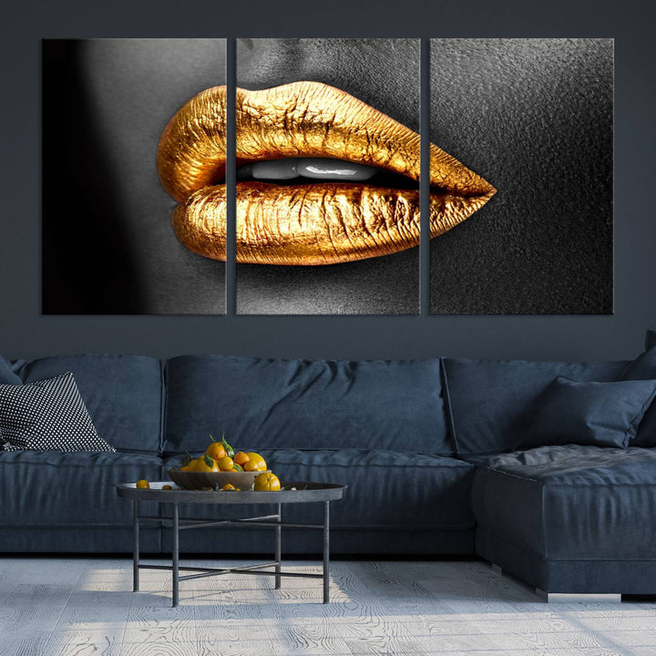 Gold Lips Canvas Wall Art Print Makeup Wall Art Fashion Beauty Canvas Print