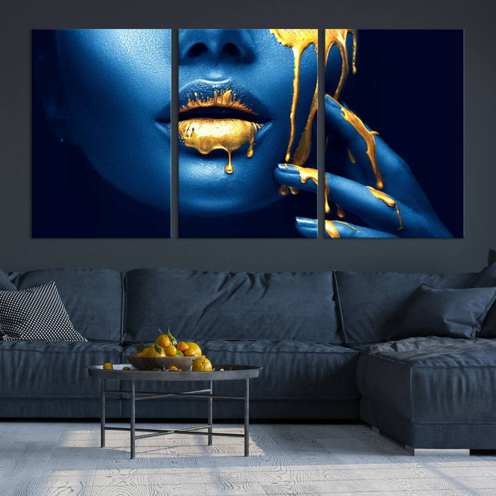 Neón Azul Oro Labios Sensual Fotografía Lienzo Pared Arte Impresión Moda Arte Belleza