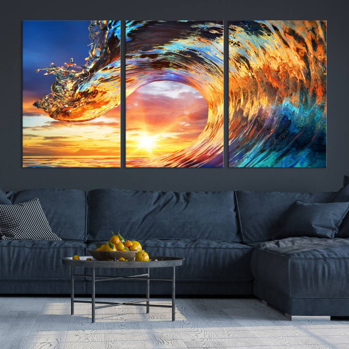 Wave Canvas Wall Art – Multi-Panel Sunset Ocean Scene – Bold and Vibrant Decor for Living Room or Office – Ready to Hang