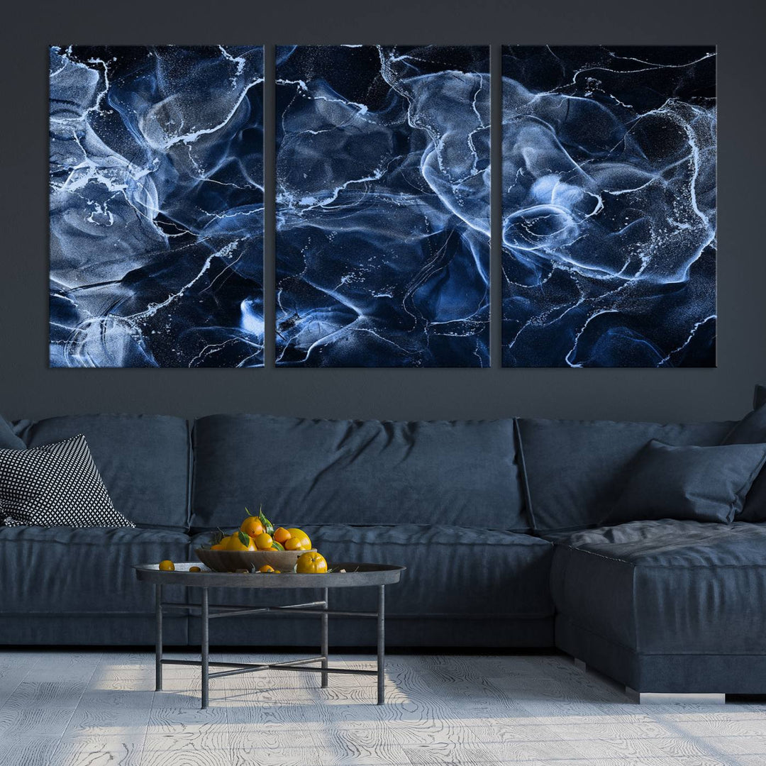 Arte de pared grande con efecto ahumado de mármol azul, lienzo abstracto moderno, impresión artística de pared