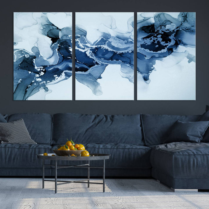 Arte de pared grande con efecto fluido de mármol azul hielo, lienzo abstracto moderno, impresión artística de pared