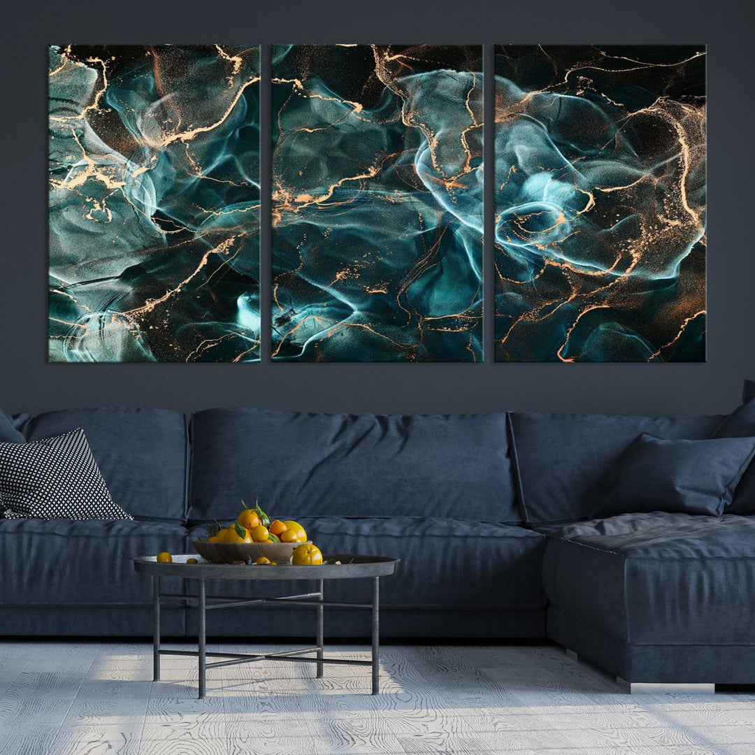 Neon Blue Marble Smokey Effect Wall Art Abstract Canvas Wall Art Print