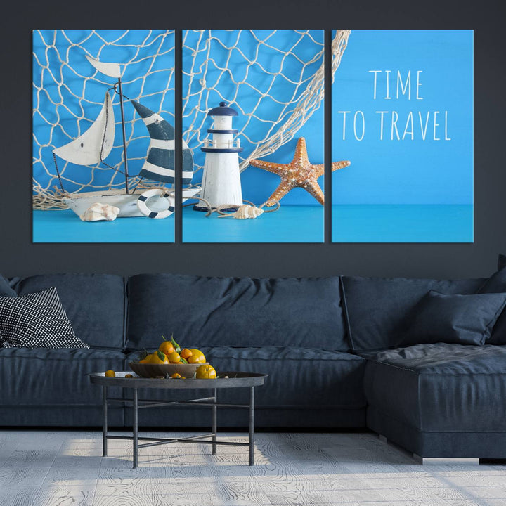 Sailing Boat Starfish and Lighthouse Wall Art Canvas Print