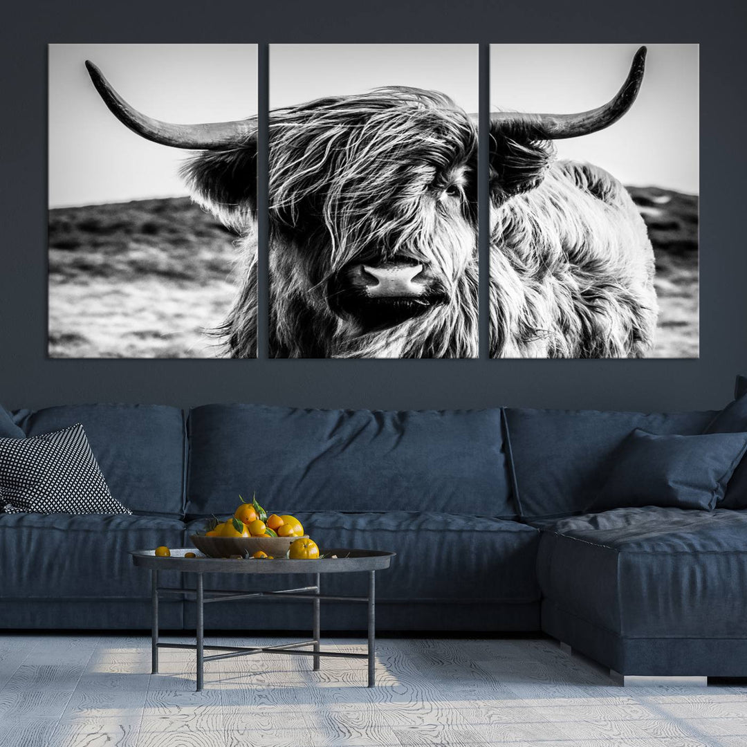 Highland Cow Wall Art | 3-Panel Black and White Highland Cow Canvas Print for Western Farmhouse Decor | Large Framed Giclee Canvas for Living Room