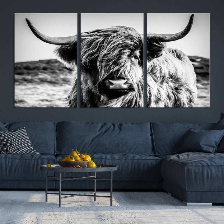 Scottish Cow Black and White Wall Canvas Art Print Farm House