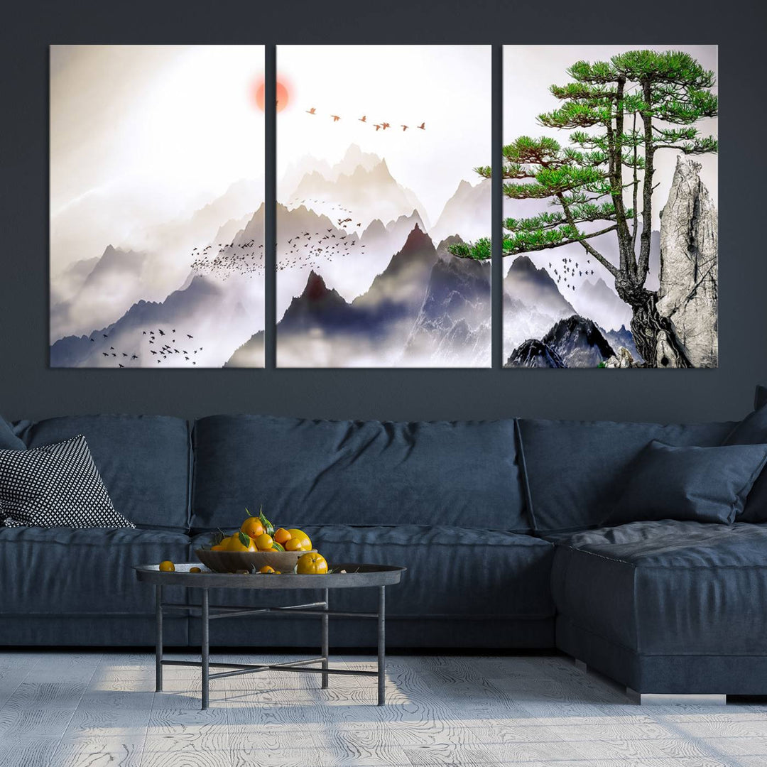 Japanese Tree Mountain Wall Art Canvas Print