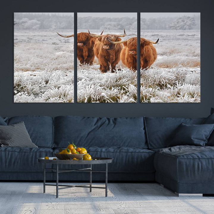 Vaches des Highlands dans la neige Art sur toile Highland Cattle Picture Art Farmhouse Art